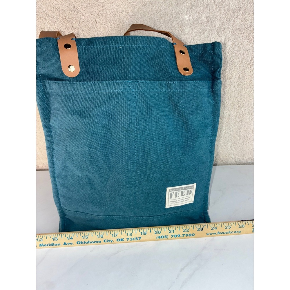 FEED Teal Canvas Tote Bag - Large - Faux Leather Straps Pockets Boho Eco Bag - Picture 3 of 10